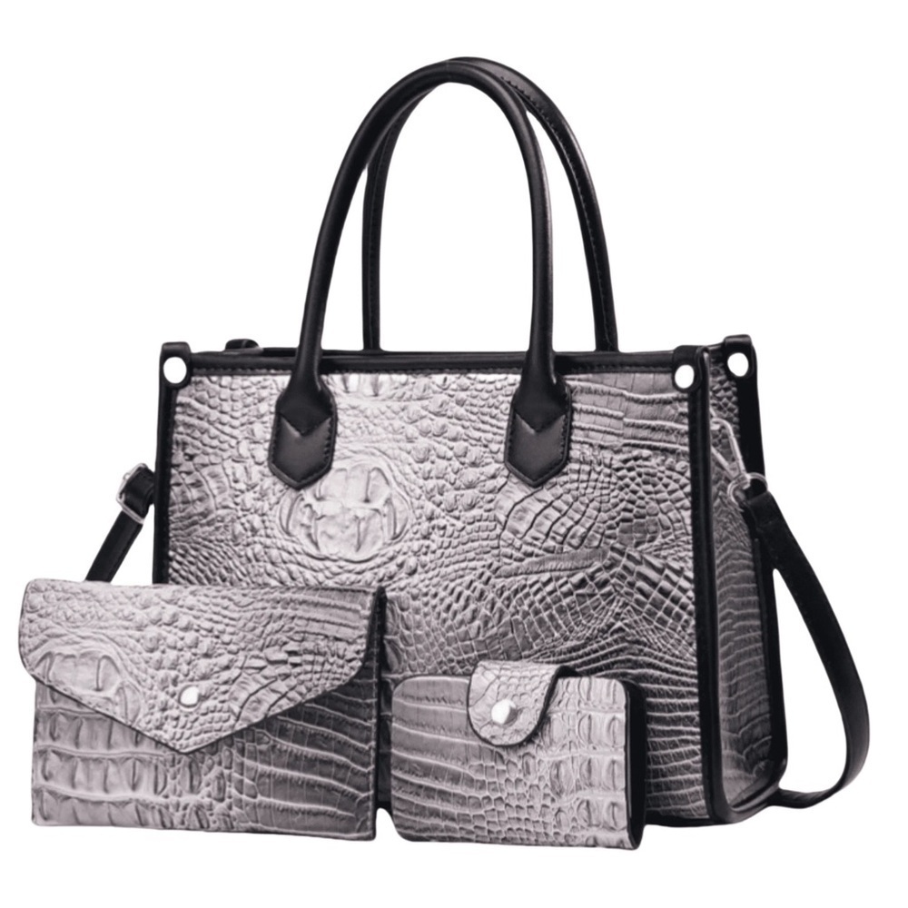 Charcoal Gray Crocodile Pattern Medium Handbag Set w Crossbody Strap PU Leather